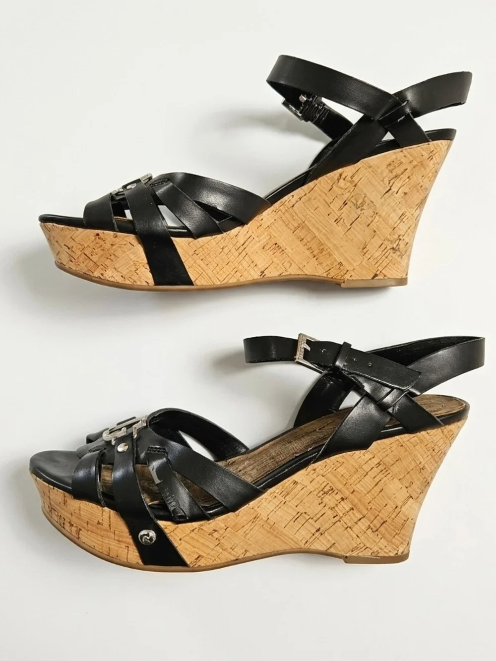 Guess Black Strappy Cork Platform Wedge Sandals Silver G Logo Size 8